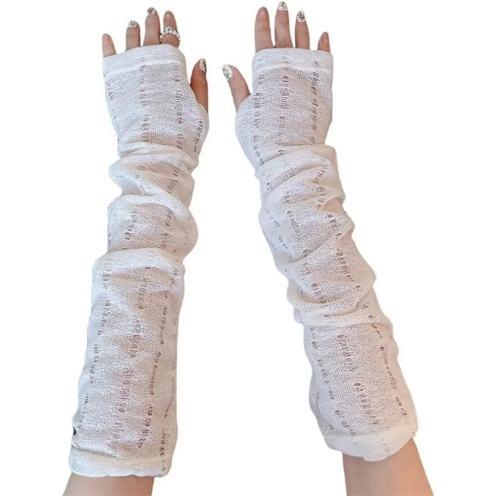Women's Loose White Vintage Cosplay Party Sequins Hook Fingerless Long Gloves